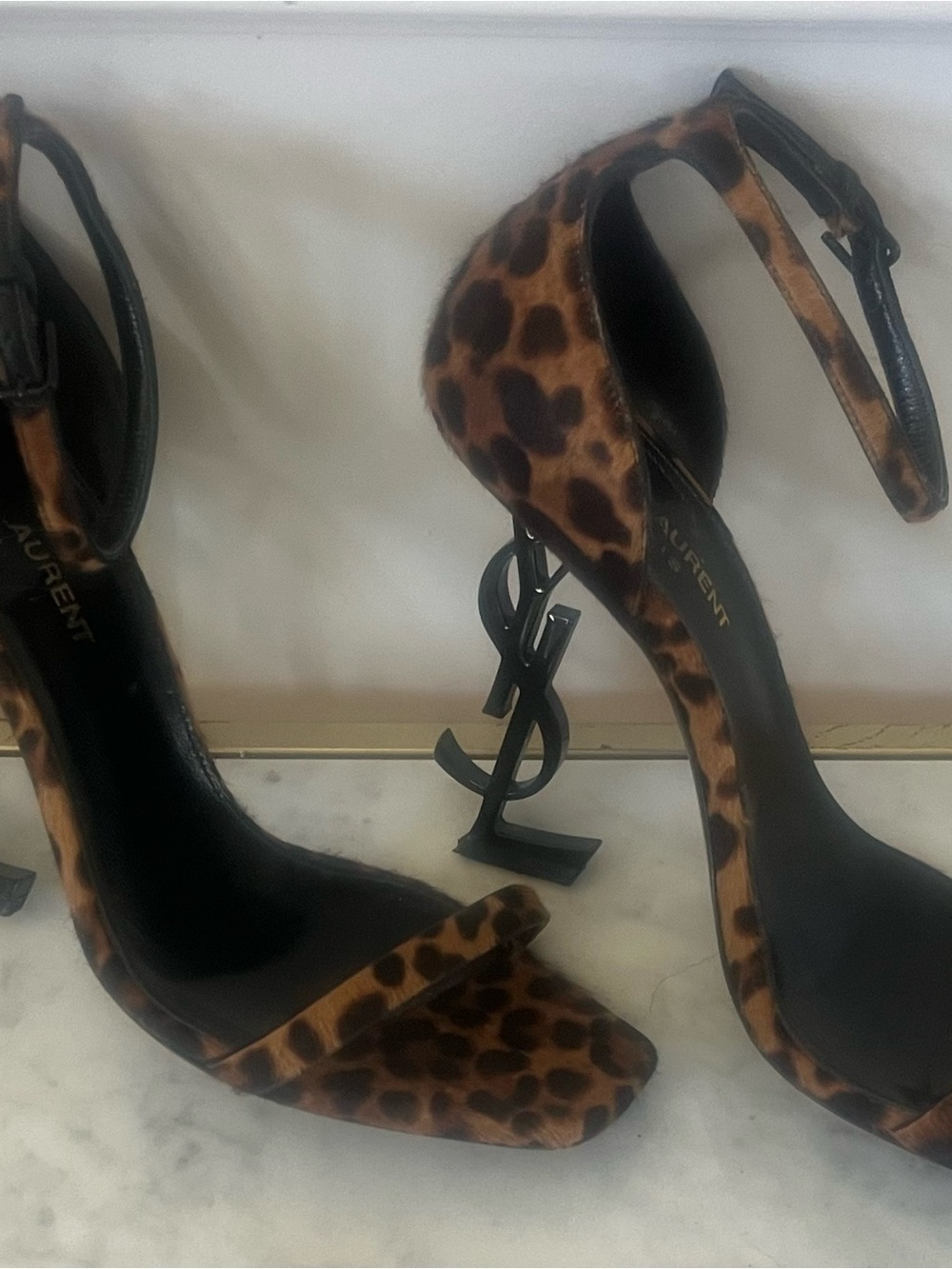 Saint Laurent Leopard-Print Opyum Ankle-Strap Heels - Brown/Black
